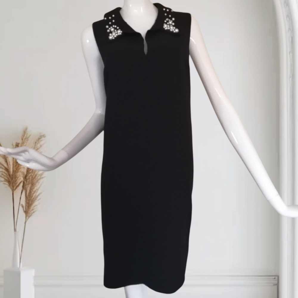 Karl Lagerfeld Black Sleeveless Mini Dress with Pearl-Embellished Collar